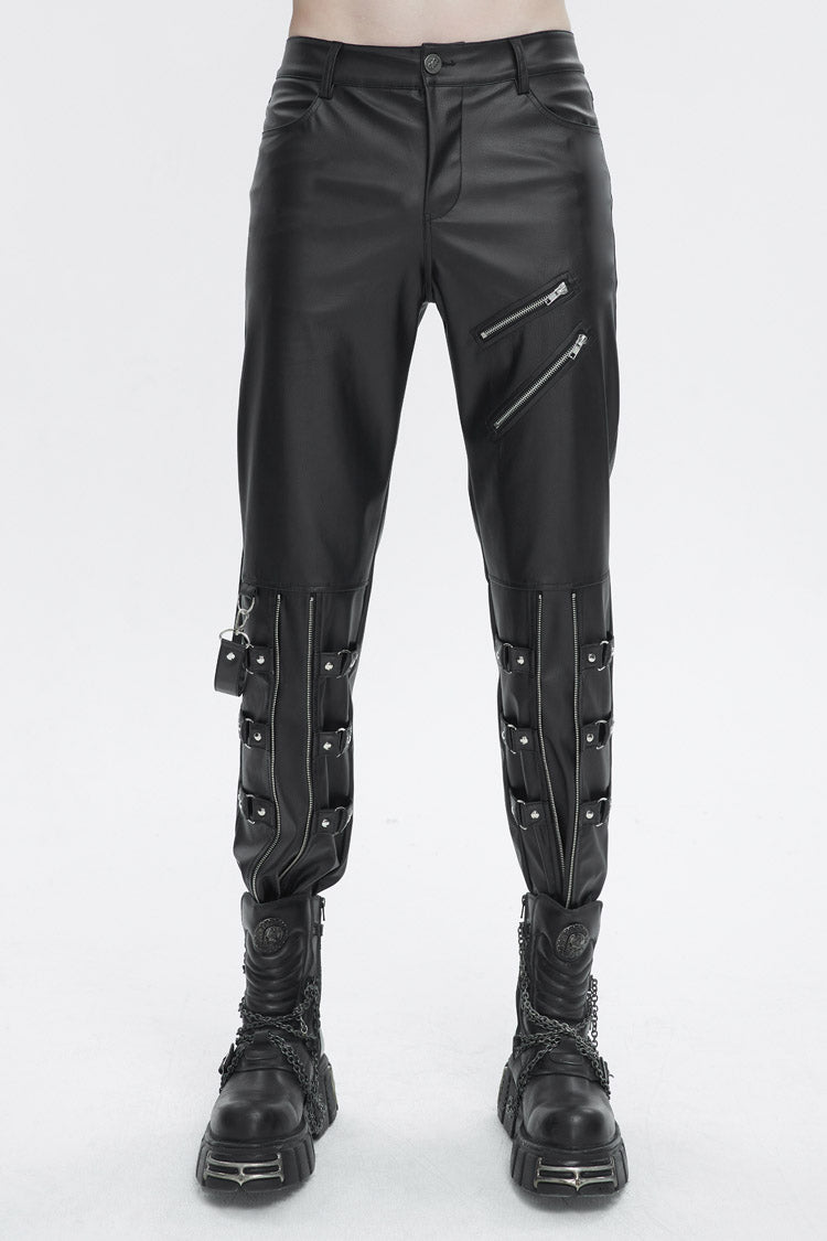 Black Removable Right Side Zipper Faux Leather Men's Punk Pants - Black - 1