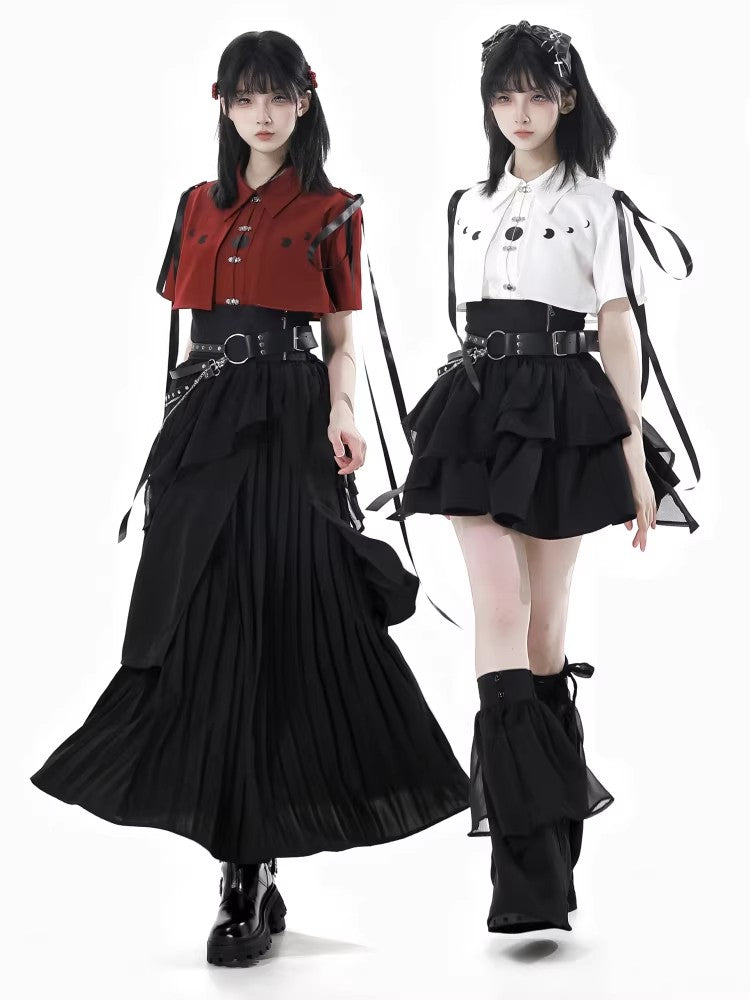 White/Black [Moonlight Flowing] Long/Short Sleeves Ruffled Asymmetric Gothic Jirai Kei Skirt Set - Product - 5