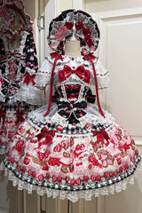 Red/Black [Sweet Berry Bunny Bear] Printed Bow Lace Lace-Up Sweet Lolita Jsk Dress - Red/Black - 1
