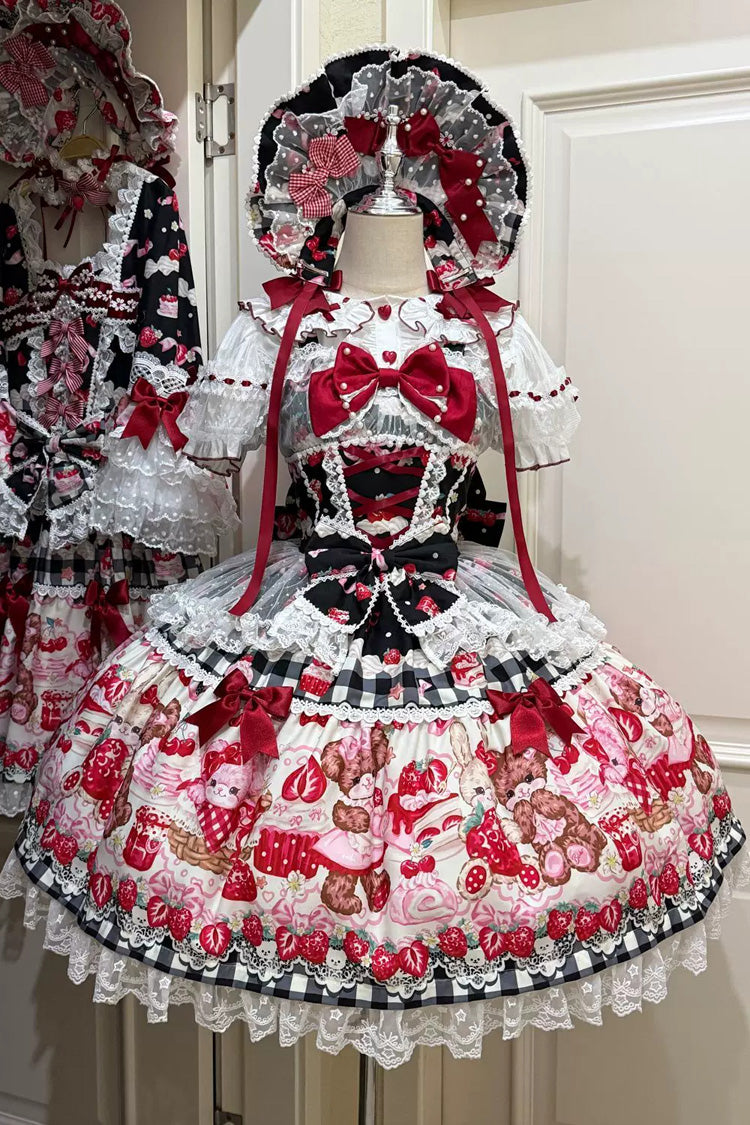Red/Black [Sweet Berry Bunny Bear] Printed Bow Lace Lace-Up Sweet Lolita Jsk Dress - Red/Black - 1