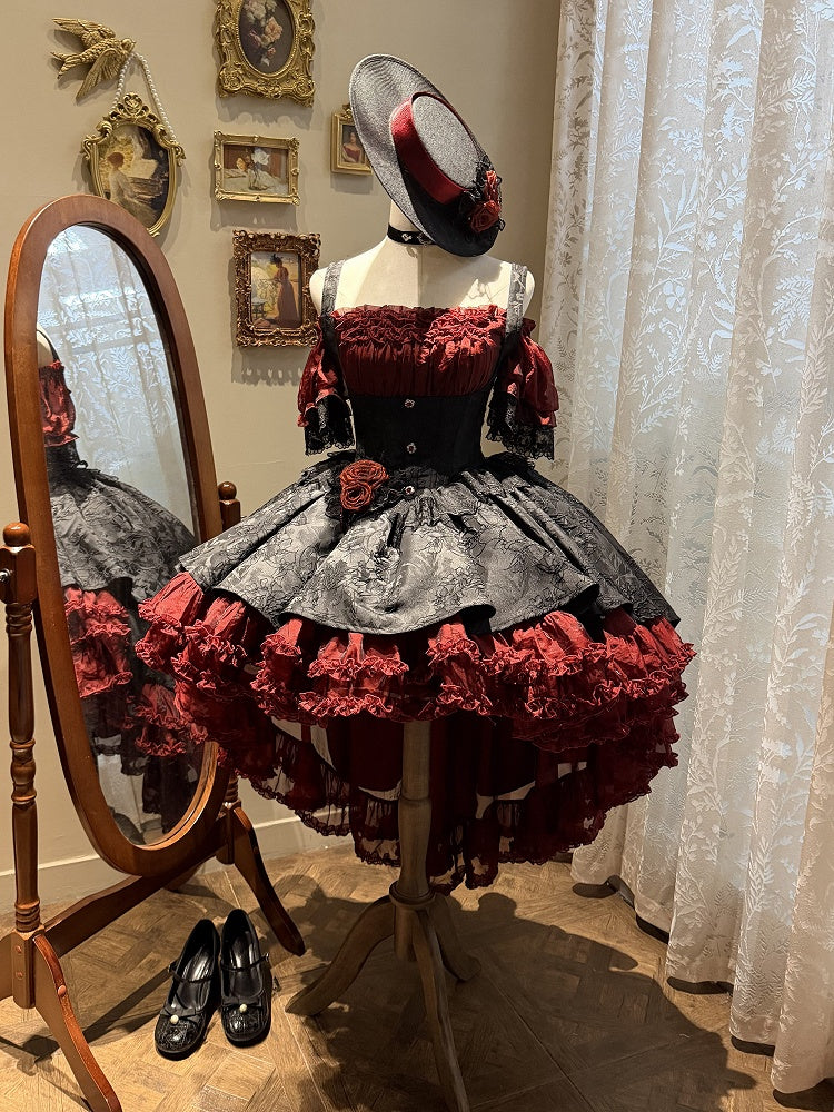 Red & Black Gothic Underbust JSK Dress and Off-Shoulder Blouse Set detail view 2