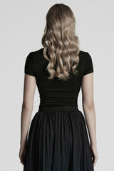 Black Short Sleeves Jacquard Floral Embroidery Women's Gothic Blouse - Product - 3