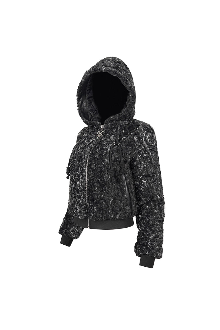 Black/White Two Tone Woolen Grain Fleece Metal Five Pointed Star Zipper Women's Punk Coat - Product - 8