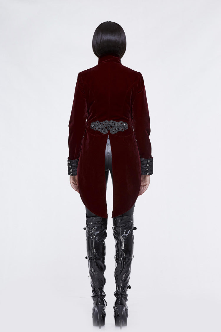 Red/Black Jacquard Lapel Embroidered Metal Nail Velveteen Swallowtail Women's Gothic Coat - Product - 4