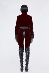 Red/Black Jacquard Lapel Embroidered Metal Nail Velveteen Swallowtail Women's Gothic Coat - Product - 4