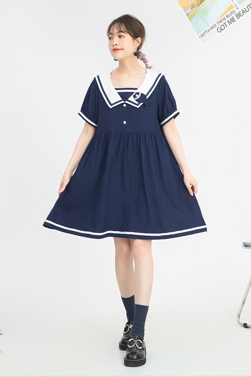 Blauer Vintage-Navy-Kragen im College-Stil, kurze Ärmel, hohe Taille, süß (Kleid einzeln), Detailansicht 2
