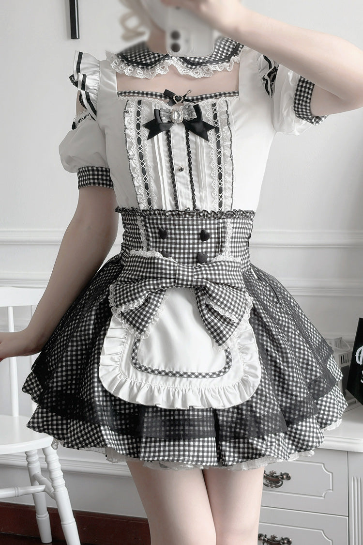 Jirai Kei Square Collar Off Shoulder Short Sleeves Printed Bow Sweet Maid Skirt Set 2 Colors - Product - 10