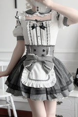 Jirai Kei Square Collar Off Shoulder Short Sleeves Printed Bow Sweet Maid Skirt Set 2 Colors - Product - 10