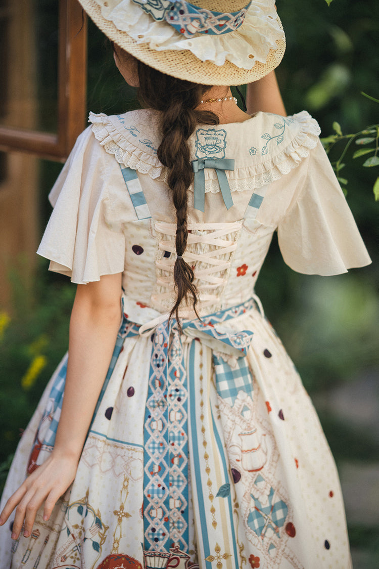 Blue/Green [Tea Party] Print Ruffle Bowknot Lace Sweet Elegant Lolita Jsk Dress - Product - 10