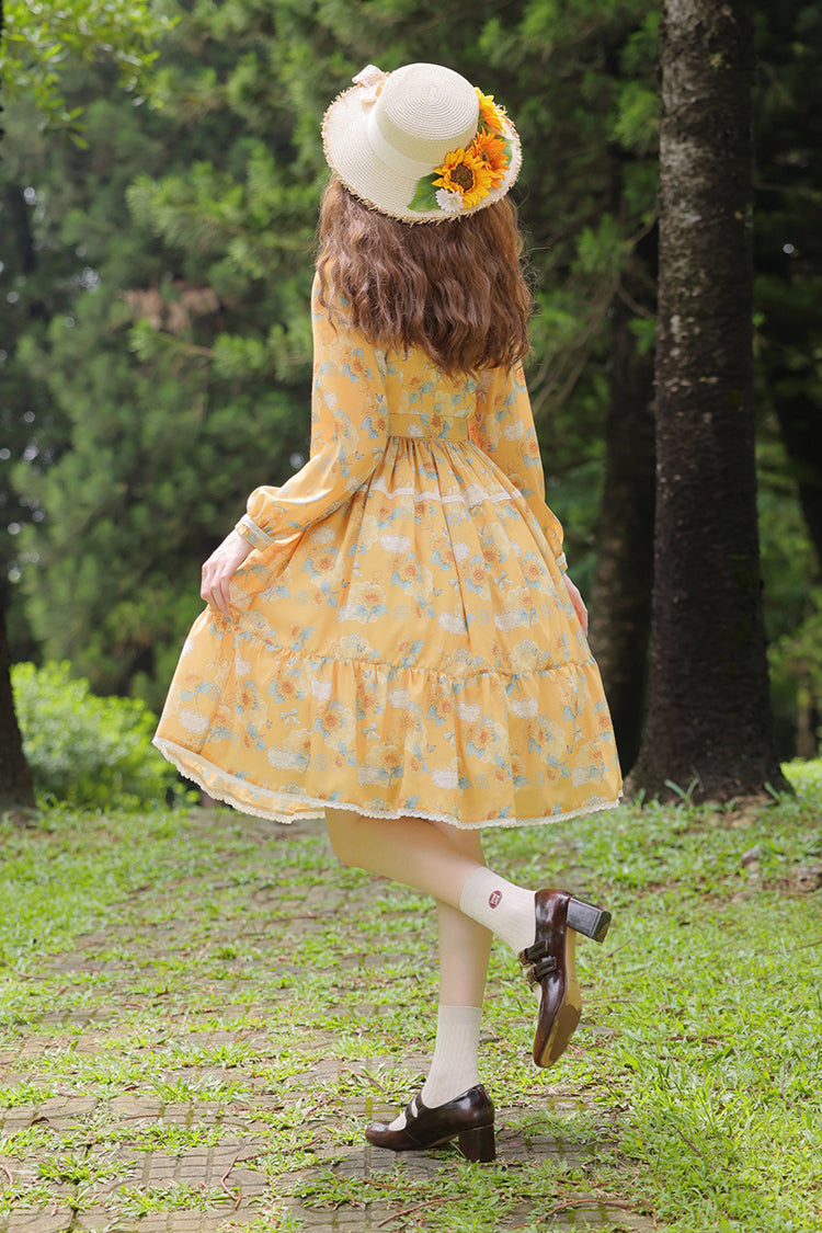 Yellow [Gardening Sunflower] Long Sleeves Print Ruffle Bowknot Sweet Elegant Lolita Dress - Product - 7