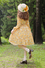 Yellow [Gardening Sunflower] Long Sleeves Print Ruffle Bowknot Sweet Elegant Lolita Dress - Product - 7