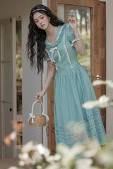 Lake Blue V Collar Short Puff Sleeves Ruffled Lace Sweet College Style Lolita Dress - Product - 15