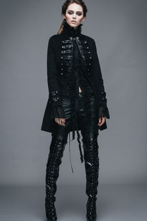 Black Floral Flocking Leather Loops Stand Collar Poncho Womens Gothic Coat - Product - 6