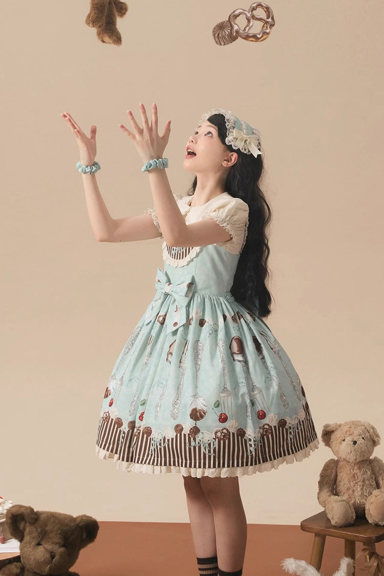Blue/Green Sleeveless Print Bowknot Sweet Plus Size Lolita Jsk Dress - Product - 4
