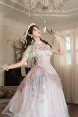 Pink [Rose Poems] Ruffle Embroidery Bowknot Lace Asymmetric Sweet Elegant Lolita Dress Set - Product - 10