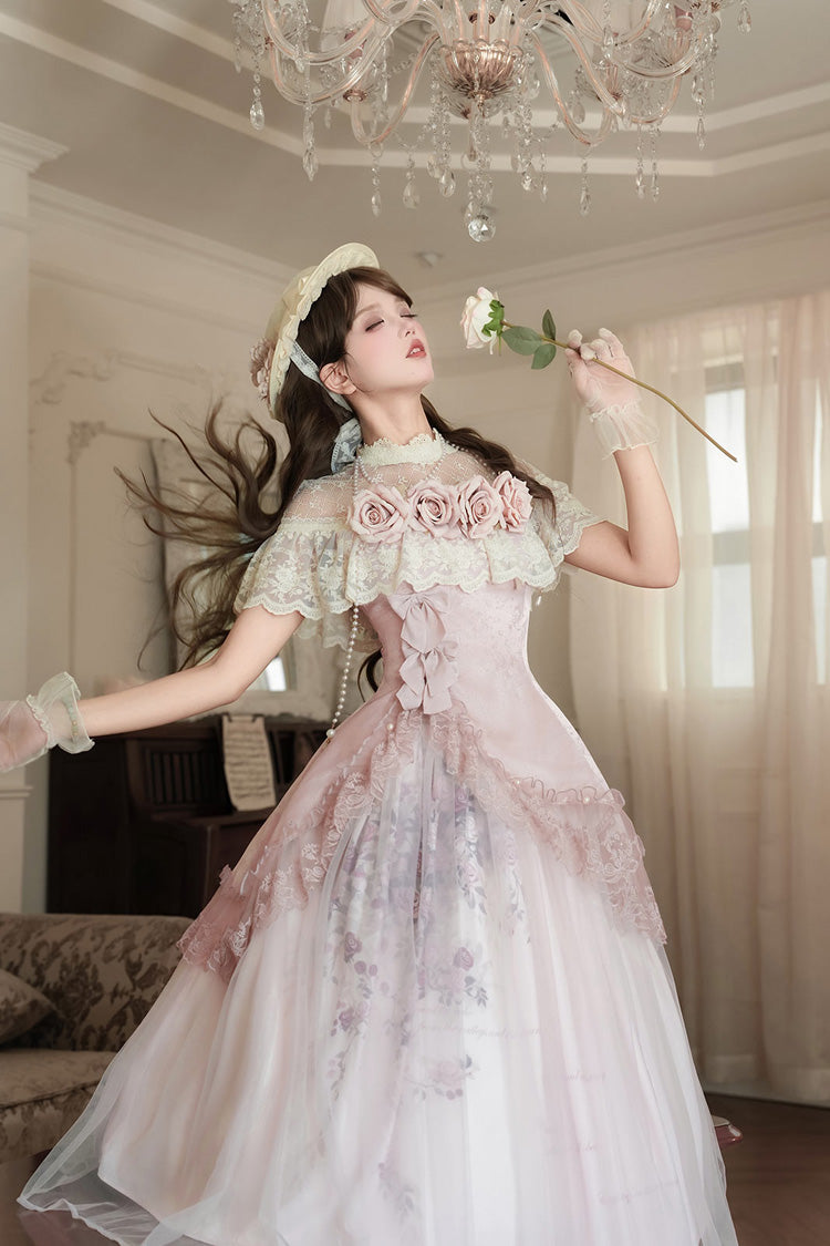 Pink [Rose Poems] Ruffle Embroidery Bowknot Lace Asymmetric Sweet Elegant Lolita Dress Set - Product - 10