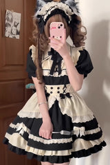 Black/White Short Sleeves Triple-Layered Ruffle Bowknot Lace Sweet Plus Size Maid Lolita Dress Set - Product - 3