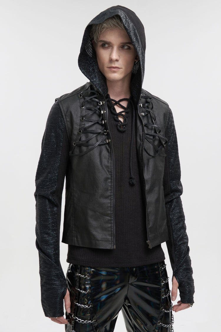 Black Front And Rear String Micro Stretch Cotton Stand Collar Men's Punk Vest - Product - 3