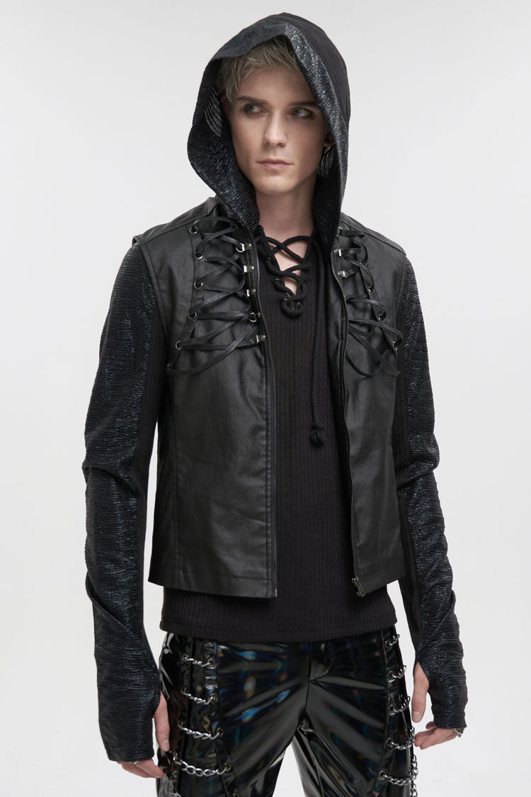 Black Front And Rear String Micro Stretch Cotton Stand Collar Men's Punk Vest - Product - 3
