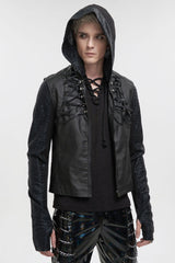 Black Front And Rear String Micro Stretch Cotton Stand Collar Men's Punk Vest - Product - 3