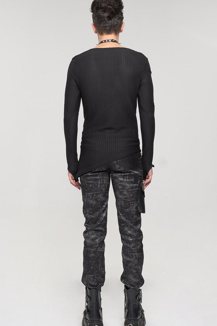Black Gothic Asymmetry Drawstring Decoration Coarse Net Men's Shirt - Product - 12
