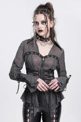 Black Long Sleeves Embroidery Lace-Up Irregular Sheer Women's Gothic Blouse - Product - 2