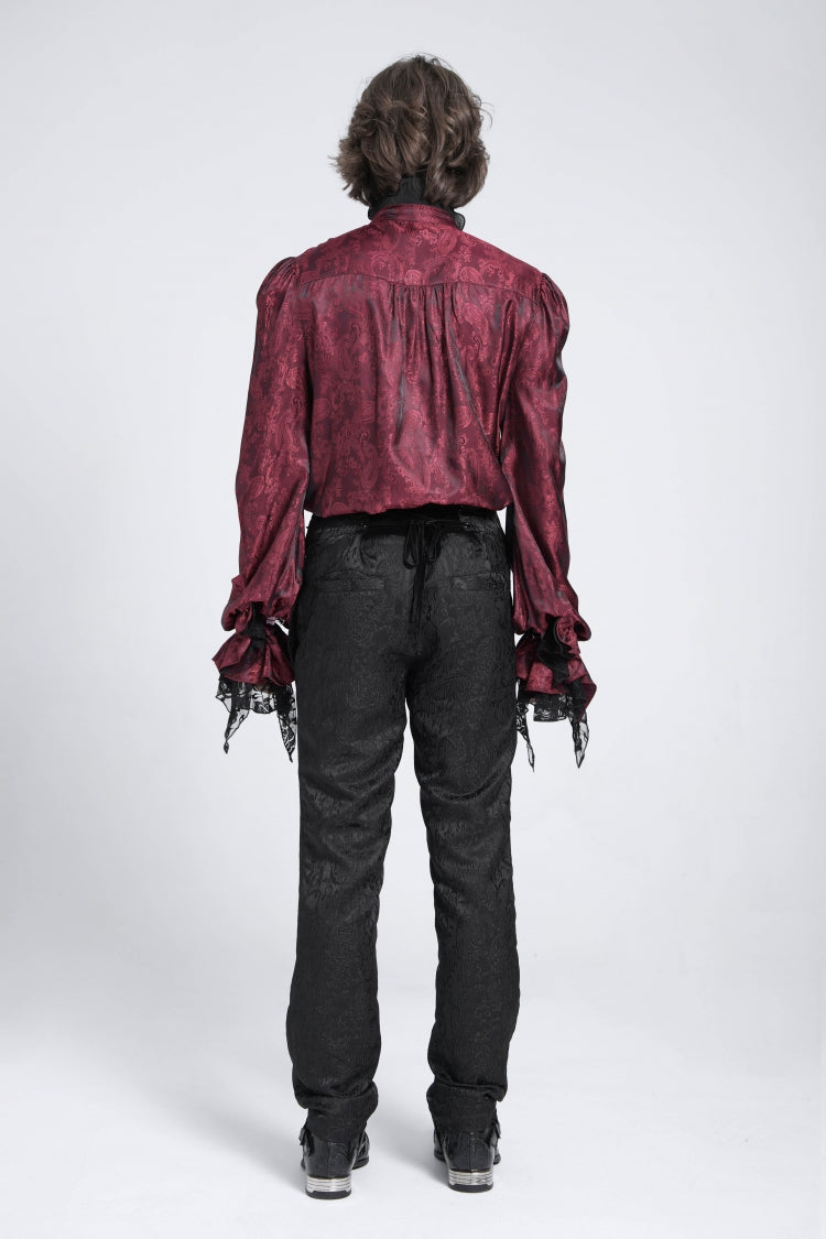 Red Long Puff Sleeves Men's Gothic Blouse with Lace Necktie - Product - 6