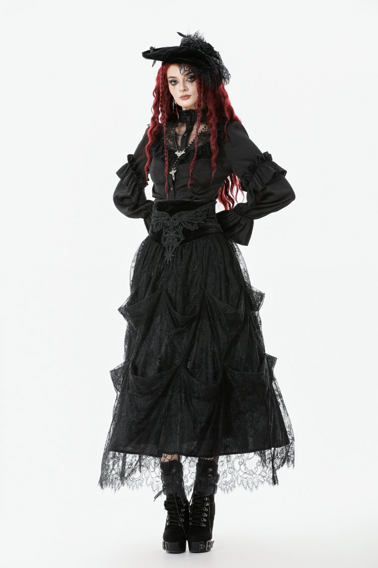 Black Sheer Stand Collar Ruffled Long Lantern Sleeves Women's Gothic Blouse - Product - 9