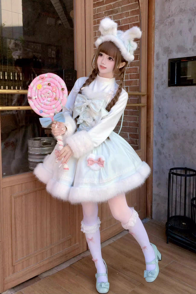 [Sweet Dream Bunny] Furry Bowknot Sweet Lolita Dress 2 Colors and 2 Versions - Product - 24