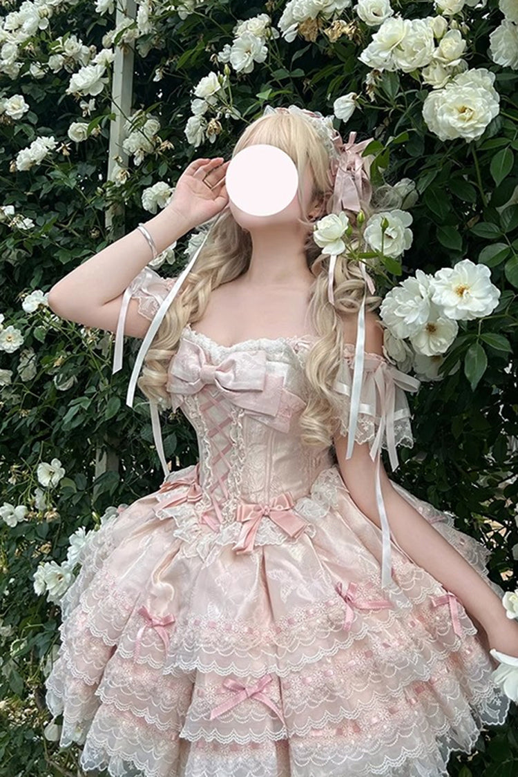 Pink [Flora Isle Butterfly] Sleeveless Ruffle Bowknot Lace Lace-Up Sweet Elegant Lolita Jsk Dress - Product - 3