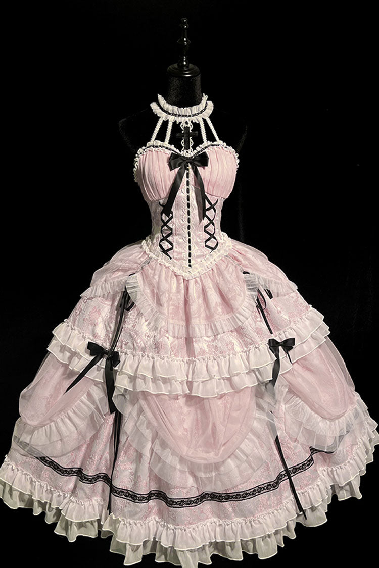 Pink Cross Halterneck Ruffle Bowknot Lace Lace-Up Princess Sweet Lolita Dress - Product - 9