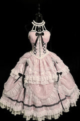 Pink Cross Halterneck Ruffle Bowknot Lace Lace-Up Princess Sweet Lolita Dress - Product - 9