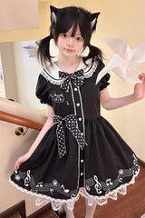 Black [Melody Kitty] Doll Collar Short Sleeves Ruffled Embroidered Bow Lace Sweet Lolita Dress - Black - 1