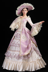 Pink/Champagne Trumpet Sleeves High Waisted Ruffled Multi-Layer Hollow Embroidery Print Victorian Lolita Prom Dress - Product - 2