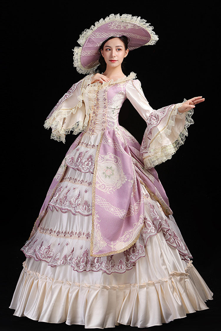Pink/Champagne Trumpet Sleeves High Waisted Ruffled Multi-Layer Hollow Embroidery Print Victorian Lolita Prom Dress - Product - 2