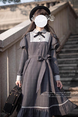 Grey Plaid Print Ruffle Bowknot Classic Vintage College Style Elegant Lolita Dress - Product - 10
