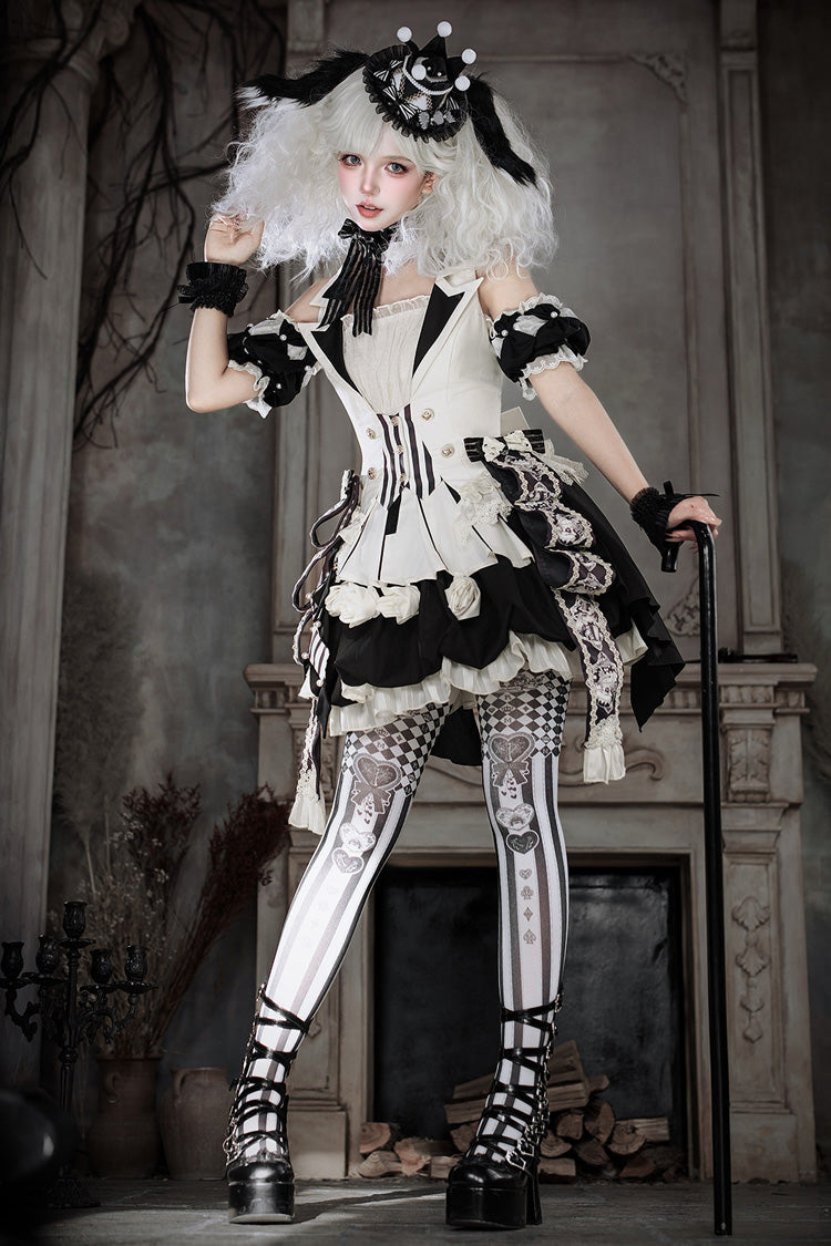 Black/White [Candy Cane] Sleeveless Printed Ruffled Bow Gothic Lolita Skirt Full Set - Product - 7