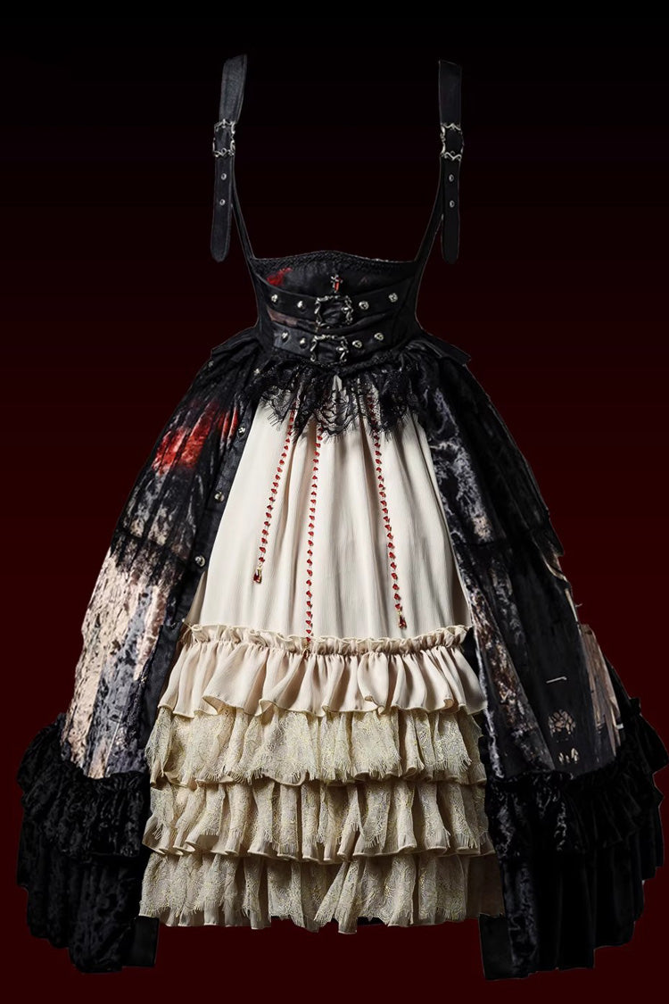 [Heretical Nun] Sleeveless Multi-Layered Printed Ruffled Open-Front Gothic Plus Size Lolita Strap Dress Short Version 2 Colors - Product - 5