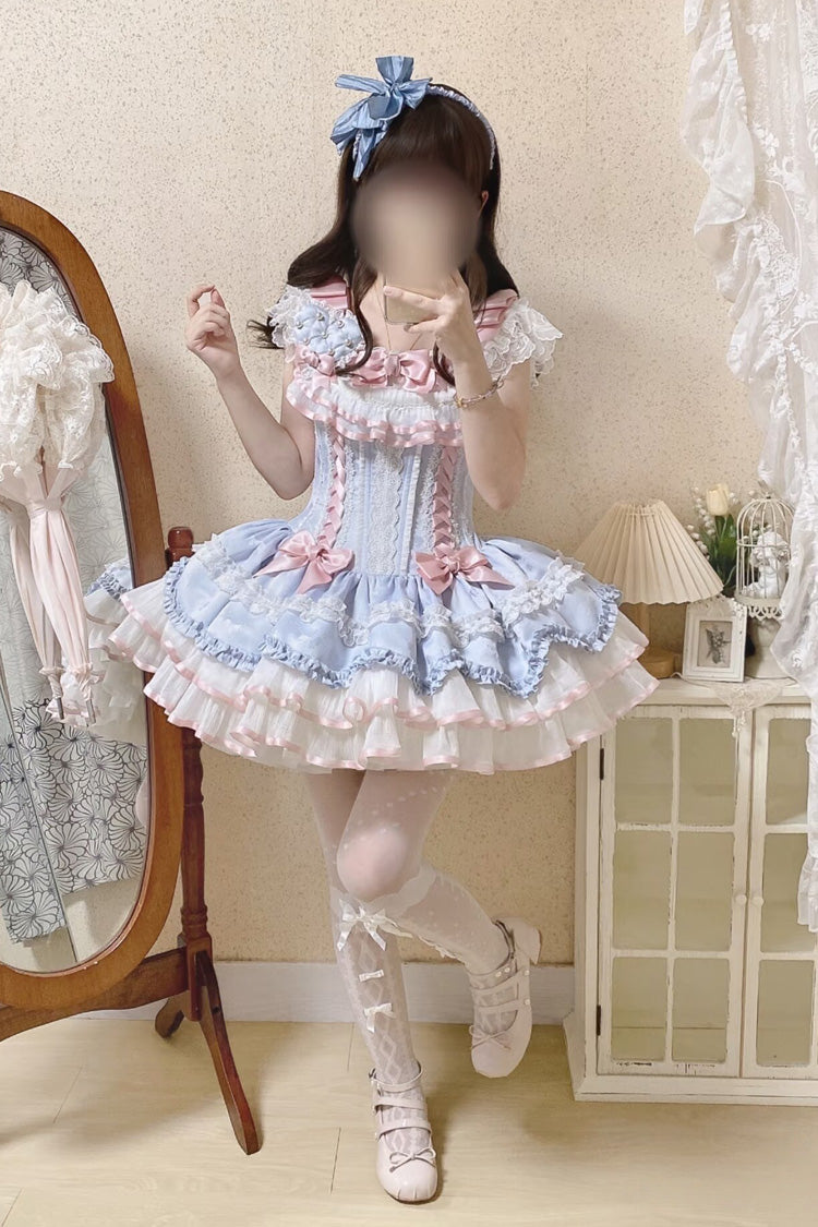 Blue Triple-Layered Ruffled Bow Lace-Up Slim Ballet Sweet Lolita Dress - Product - 23