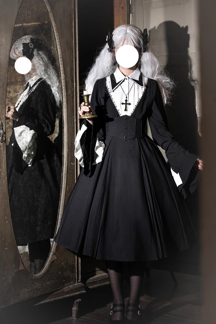 Black Cross Salute Nun Long Sleeves Ruffle Plus Size Gothic Lolita Strap Dress Set - Product - 5