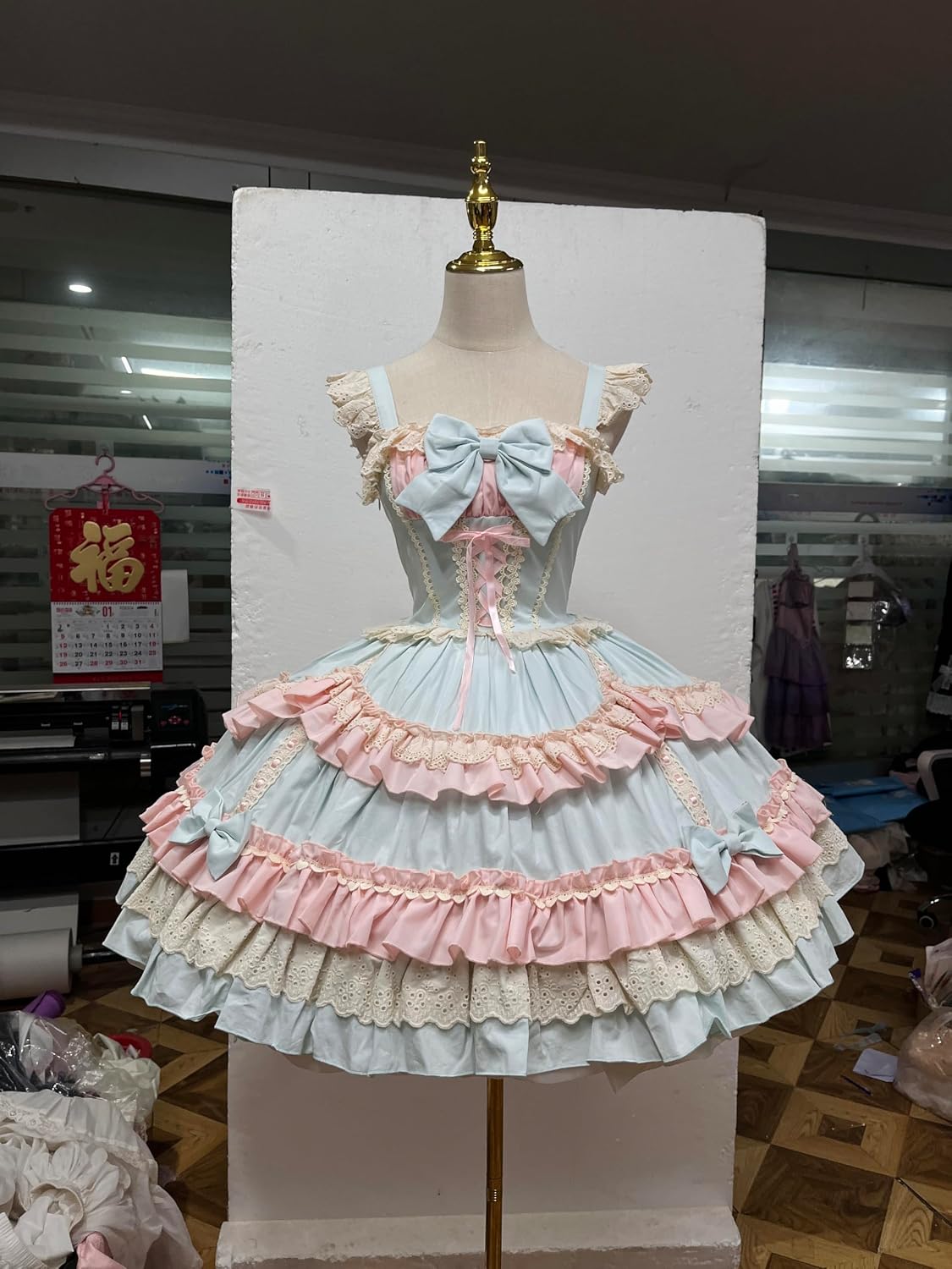 Blue and pink Sweet Lolita JSK dress mannequin styling view