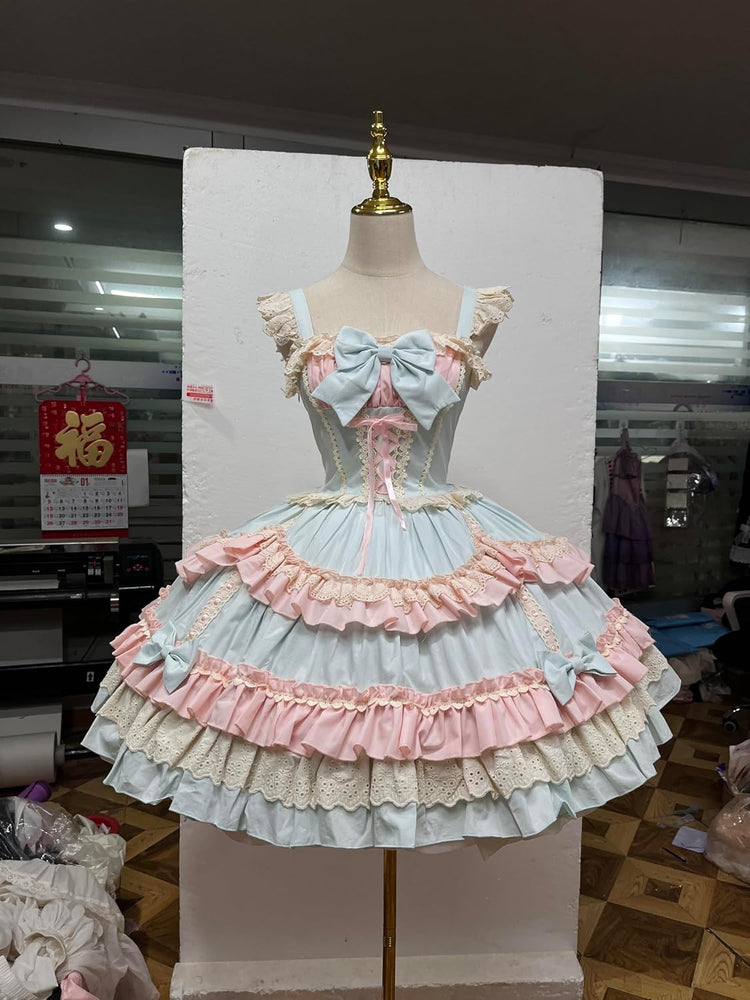 Blue and pink Sweet Lolita JSK dress mannequin styling view