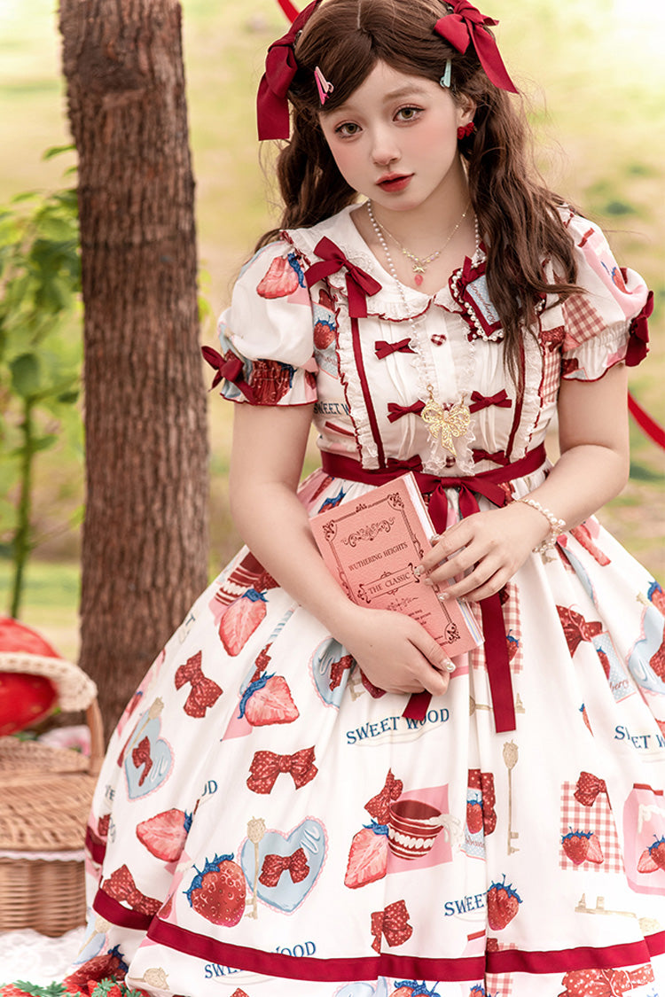 Multi-Color Strawberry Bowknot Print Short Sleeves Short Version Sweet (Dress Only) detail view 3