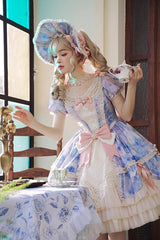[Angel Heart Sky Oil Painting] Print Ruffle Cardigan Bowknot Sweet Princess Lolita Dress 3 Colors - Product - 12