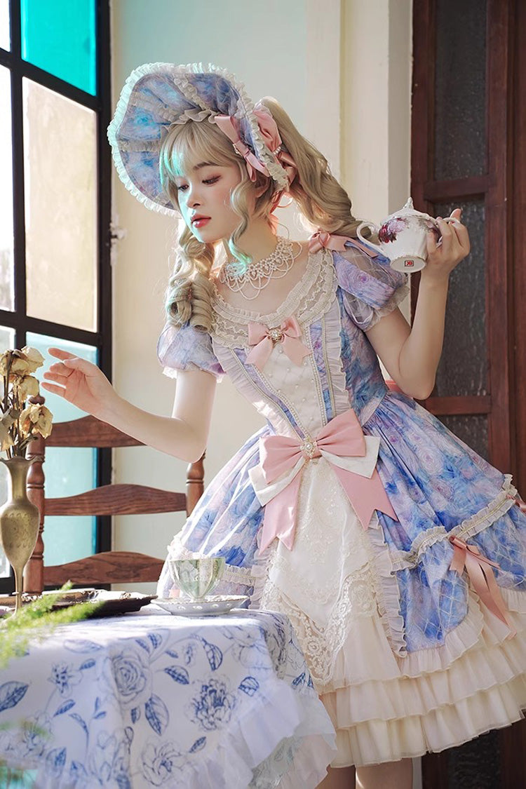 [Angel Heart Sky Oil Painting] Print Ruffle Cardigan Bowknot Sweet Princess Lolita Dress 3 Colors - Product - 12