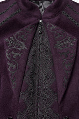 Purple Stand Collar Long Sleeves Embroidered Lace-Up Zippered Women's Gothic Jacket - Product - 5