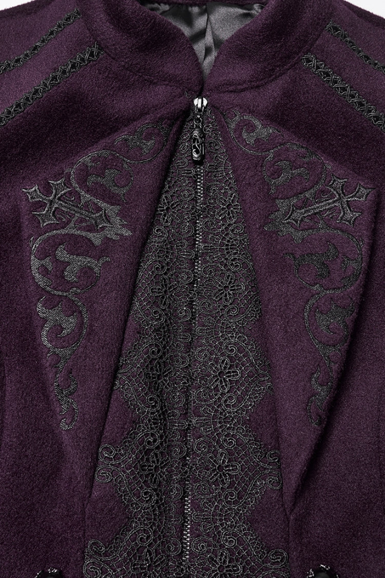 Purple Stand Collar Long Sleeves Embroidered Lace-Up Zippered Women's Gothic Jacket - Product - 5
