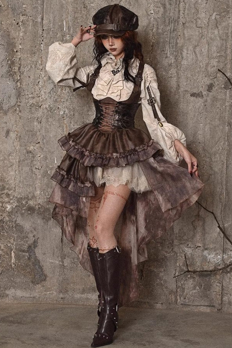 Brown Chest Straps Ruffle Irregular Detachable Tail Punk Lolita Dress - Product - 9
