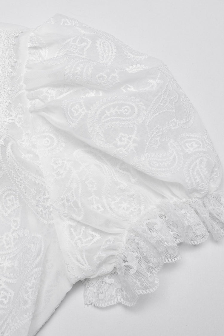 White Stand Collar Long Puff Sleeves Jacquard Lace Women's Gothic Blouse - Product - 8