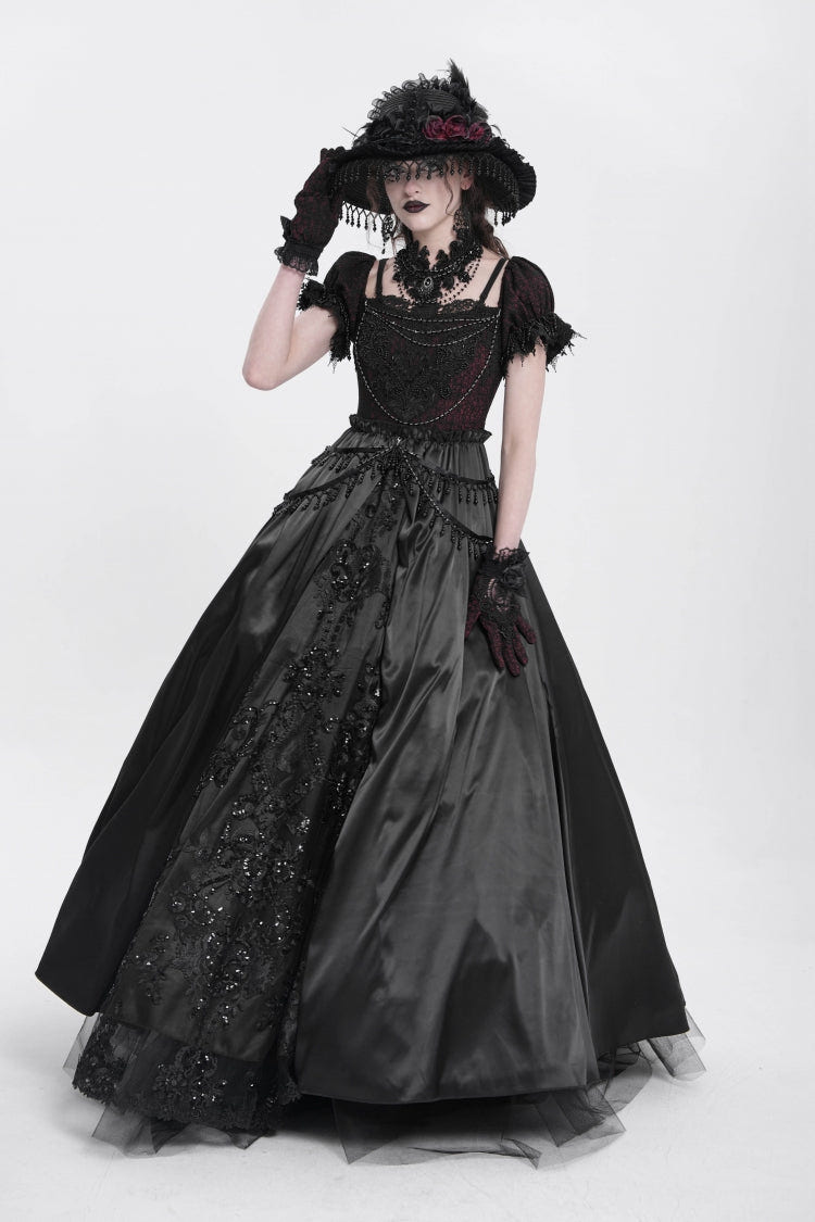 Black Off Shoulder Short Sleeves Jacquard Cardigan Stitching Lace Women's Gothic Dress - Product - 14